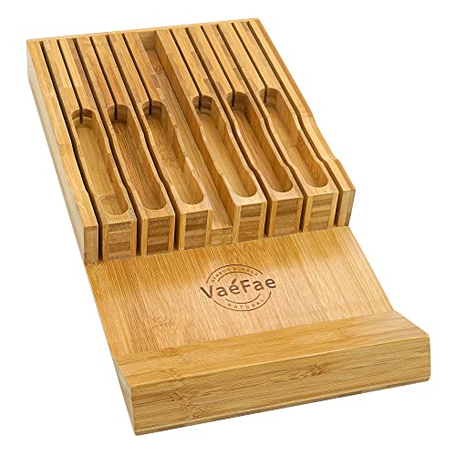 VaeFae Knife Drawer Organizer, Bamboo Knife Drawer Organizer Insert, Kitchen Knife Holder Drawer for 12 Knives PLUS a Slot for your Knife Sharpener (Without Knives)