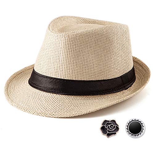 Straw Fedora Hats for Men - Beige Hat for Men Summer Casual Fedora Hat with Band (One Size: 7 1/4, fits Head Circumference 22' - 22 7/8')