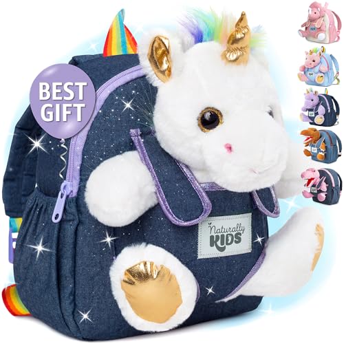 Naturally KIDS Toddler Backpack w Stuffed Animal Toy, Toddler Gifts for Boys Girls, Small Backpack, White Unicorn Toys