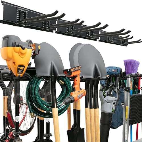 TIDYME Garage Tool Organizer Wall Mount - Sturdy Storage Rack with Adjustable Hooks, Stud Spacing Compliance - 300lbs Capacity - Garden Tool Organizer for Garage with 3 Rails and 6 Hooks