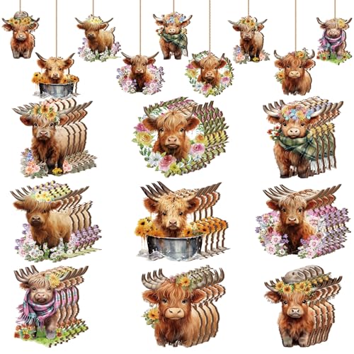 Huwena 36 Pcs Spring Flower Cow Ornament for Tree Wooden Highland Cow Tree Decorations Cow Decoration Hanging Sign with Ropes for Spring Summer Tree Animal Themed Ornament Cow Lover