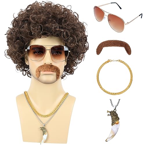 Bettecos 6pcs Set 70s 80s Disco wig with Mustache Sunglasses Necklace Golden Chain Short Curly Synthetic Hair Afro Mens Wig for 60s Rocker Hippies Costume Cosplay Halloween Party (Dark Brown)