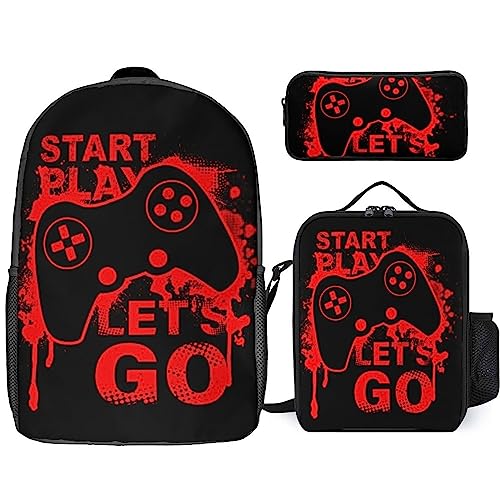 NAWFIVE Game Joystick Retro Backpack with Lunch Box And Pencil Case Set Vintage Console Controller Travel Daypack Bookbag for Men Women Laptop Backpack 3pcs