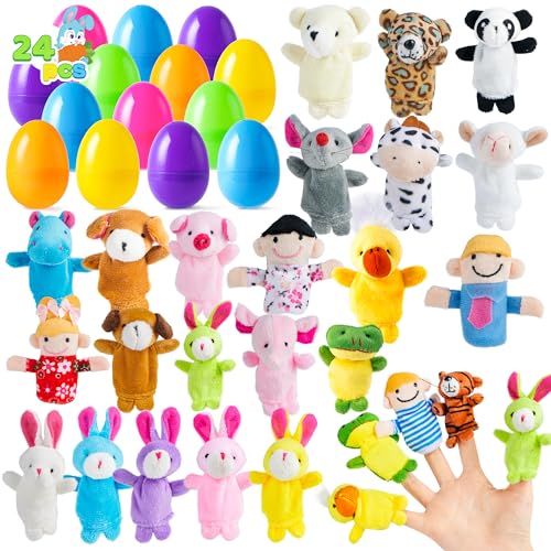JOYIN 24 Pcs Easter Eggs Filled with Finger Puppets, Prefilled Egg with Cartoon Animal Puppets for Kids Eggs Hunt, Basket Stuffers Fillers, Party Favors and Classroom Prize Supplies