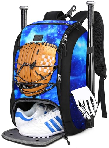 MATEIN Baseball Backpack, Lightweight Softball Bag with Shoes Compartment for Men Women, Baseball Bags Gifts for Adults with Fence Hook Hold 2 Bats, Batting Mitten, Helmet, Tball Gear, Galaxy Blue