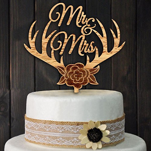 YAMI COCU Mr and Mrs Cake Toppers Rustic Flower Tree Wood Wedding Party Engagement Decoration