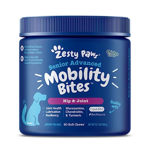 Zesty Paws Mobility Bites Dog Joint Supplement - Hip and Joint Chews for Dogs - Pet Product with Glucosamine, Chondroitin, & MSM + Vitamins C and E for Dog Joint Relief – Advanced - Chicken – 90 Count
