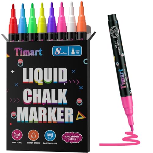 Timart Extra Fine Tip Chalk Markers (8 Pack 1mm Point), Liquid Chalk Pens - Dry Erase Marker Pens for Blackboard, Chalkboards, Windows, Glass, Bistro, Cars, Signs, Chalkboard Labels Included