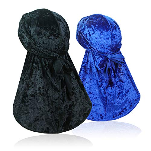 ASHILISIA 2 PCS Crushed Velvet Wave Durag – Premium Soft Durag Headwear with Extra Long Tail Perfect for 360 Waves