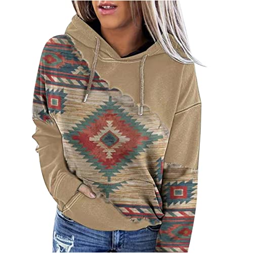 amazon outlet overstock deals Women's Western Aztec Ethnic Style Hooded Sweatshirts Casual Folk Pullover Long Sleeve Pocket Hoodies fall shirt Khaki S