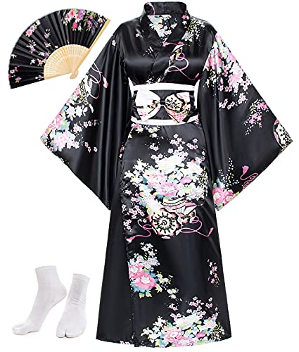 Japanese Anime Women's Long Kimono Robe Fancy Dress Hand Held Silk Folding Fans Tabi Socks Set Black