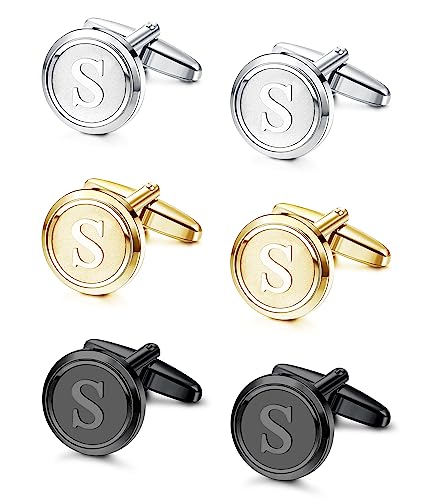 LOLIAS 3 Pairs Initial Cufflinks For Men Classic Mens CuffLinks Set Letter Cuff Links for Casual to Formal with Gift Box Silver Black Gold Cufflinks for Father Husband,S