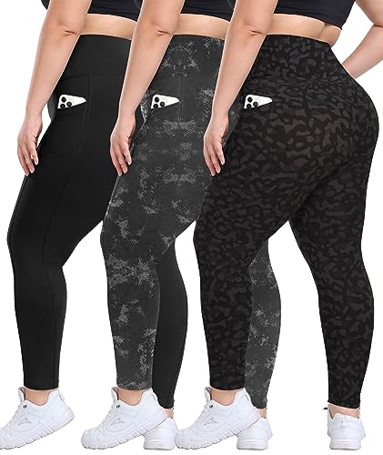 3 Pack Plus Size Leggings with Pockets for Women - High Waisted Tummy Control Spandex Soft Black Workout Yoga Pants