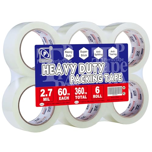 P PERFECTAPE Heavy Duty Packing Tape 6 Rolls, Total 360Y, Clear, 2.7 mil, 1.88 inch x 60 Yards, Ultra Strong, Refill for Packaging and Shipping