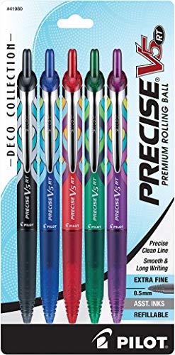 Pilot, Precise V5 RT Deco Collection Refillable & Retractable Liquid Ink Rolling Ball Pens, Extra Fine Point 0.5 mm, Black/Blue/Red/Green/Purple, Pack of 5