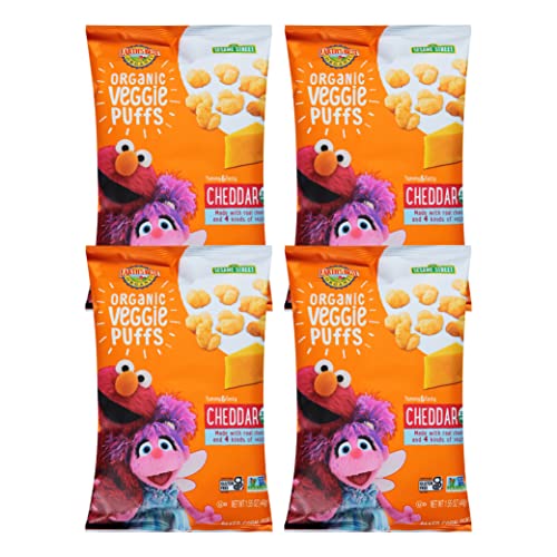 Earth's Best Organic Kids Snacks, Sesame Street Toddler Snacks, Organic Cheddar Veggie Puffs, Gluten Free Snacks for Kids 2 Years and Older, Cheddar, 1.55 oz Bag (Pack of 4)