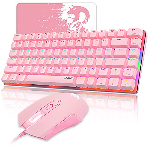 Gaming Keyboard Mouse Combo Wired White Led Backlit 82 Keys Ergonomic Gamer Pink Keyboard+4800DPI Adjust 7 Buttons USB Optical Game Mouse Sets Mousepad for PC Laptop (Pink Mixed Light)