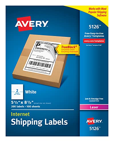 Avery Half Sheet Printable Shipping Labels, 5.5' x 8.5', White, 200 Blank Mailing Labels (5126)