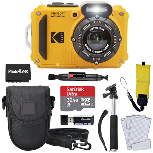 Kodak PIXPRO WPZ2 Rugged Waterproof Shockproof Digital Camera 16MP 4X Optical Zoom 1080P Full HD Video, 2.7' LCD (Yellow), 32GB SD Card, Black Compact Camera Case, Floating Strap, Bundle (7 Items)