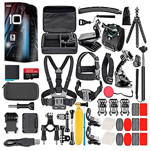 GoPro HERO10 (Hero 10) Black - Waterproof Action Camera with Front LCD and Touch Rear Screens, GP2 Engine, 5K HD Video, 23MP Photos, Live Streaming, 64GB Card and 50 Piece Accessory Kit - Bundle