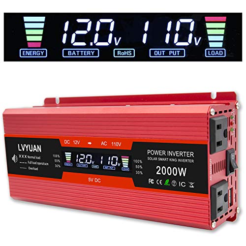 Cantonape 1000W/2000W(Peak) Car Power Inverter DC 12V to 110V AC Converter with LCD Display Dual AC Outlets and Dual USB Car Charger for Car Home Laptop Truck Red