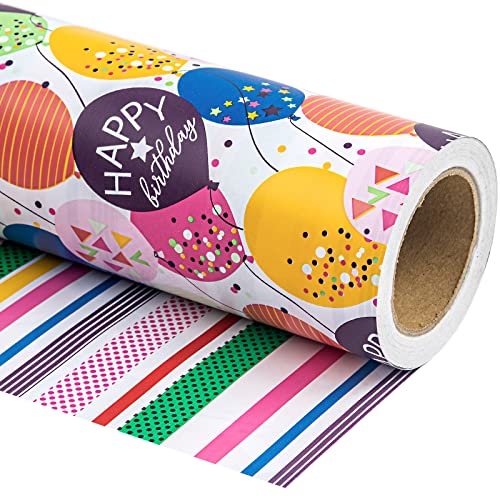 WRAPAHOLIC Birthday Reversible Wrapping Paper - Mini Roll - 17 Inch X 33 Feet - Colorful Balloon with Confetti Design for Birthday, Holiday, Party, Baby Shower