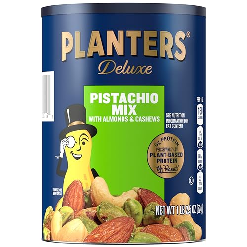 PLANTERS Pistachio Lovers Nut Mix, Mixed Nuts Snack with Pistachios no shell, Almonds & Cashews, Party Snacks, Plant-Based Protein, After School Snack, Bulk Nuts, Kosher 1lb 2.5oz Canister