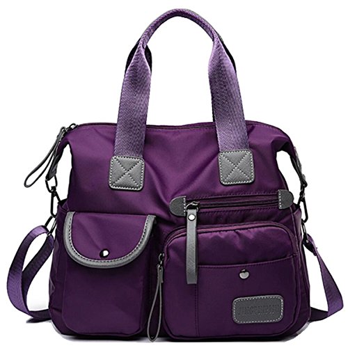 Women Lightweight Nylon Tote Bag Multiple Pockets Top Handle Handbag Ladies Purse Work Totes Travel Crossbody Shoulder Bag (1- Purple)