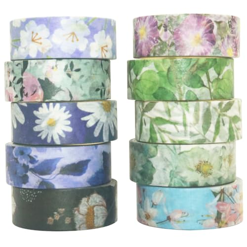 YUBBAEX 10 Rolls Spring Flowers Washi Tape Set Masking Decorative Tapes (Cold Tone)