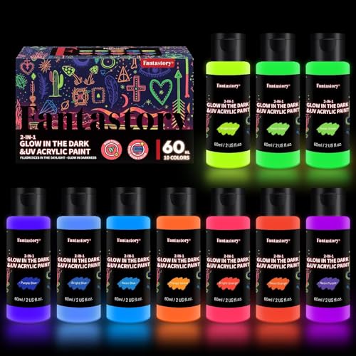 Fantastory Glow in the Dark Paint, 60ml/2oz, Fluorescent Neon Colors Glow Acrylic Paints, Waterproof Blacklight Paint for Outdoor Rocks,Wood,Craft,Canvas,Halloween Decor,Kids&Adults