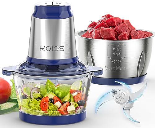 KOIOS 500W Powerful Electric Food Processor with 8 Cup Stainless Steel & Glass Bowls, 2 Speed Mode Electric Food Chopper with 2 Sets Blades Electric Meat Grinder Chopper for Family & Baby Use