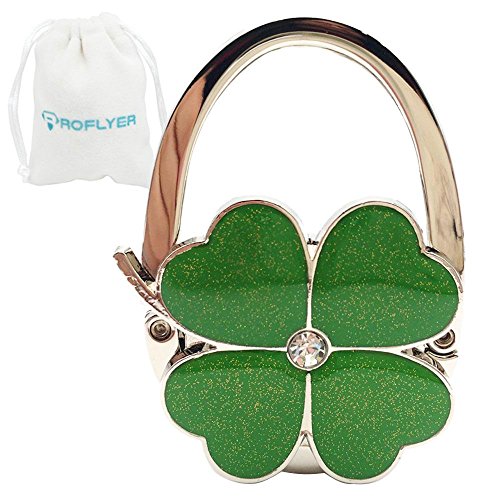 ROFLYER Four Leaf Clover Design Foldable Handbag Hanger Folding Purse Table Hook Holder, with Velvet Pouch(Green)