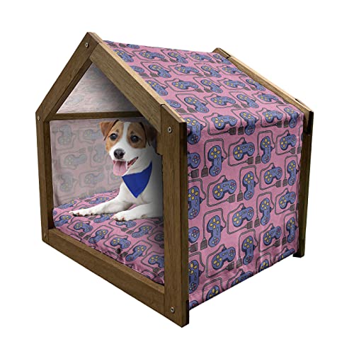 Ambesonne Gaming Wooden Pet House, Continuous Joystick Gamepad Vintage, Indoor & Outdoor Portable Dog Kennel with Pillow and Cover, Large, Pink Violet Blue