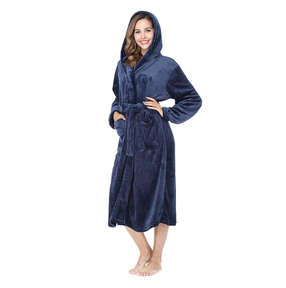 RONGTAI Womens Robes Plush Fleece Navy Hooded Bathrobe Thick Nightgown with Pockets Fluffy Sleepwear Large