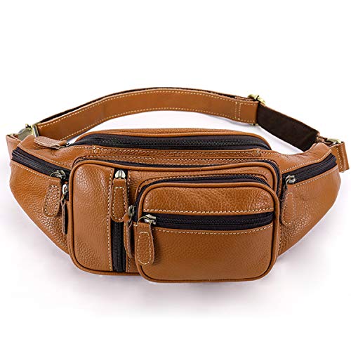 Genuine Leather Large Fanny Pack Waterproof Hip Belt Bag Cowhide Waist Bag Crossbody Sling Backpack Brown