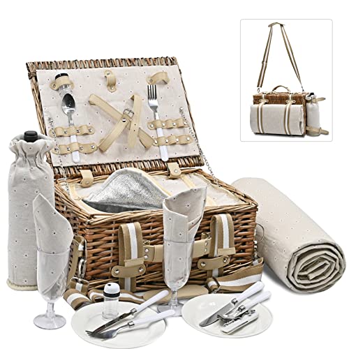 19Pcs Picnic Basket for 2 with Insulated Liner and Waterproof Picnic Blanket Wine Pouch, Large Wicker Picnic Hamper for Camping,Outdoor,Valentine Day,Thanks Giving,Birthday Christmas for Couples