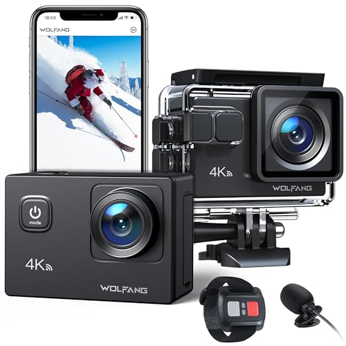 WOLFANG GA100 Action Camera 4K 20MP Waterproof 40M Underwater Camera EIS Stabilization WiFi 170° Wide Angle Helmet Camera with External Microphone, Remote Control, 2 Batteries and Accessory Kit