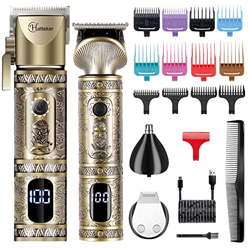 Hatteker Professional Hair Clipper and T-Blade Trimmer Set for Men, Cordless Rechargeable Barber Clipper Beard Nose Hair Trimmer Multipurpose Grooming Kit LED Display(Gold)