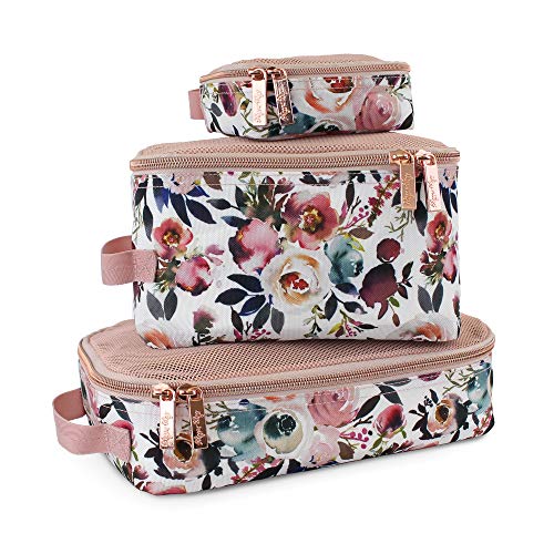 Itzy Ritzy Packing Cubes for Travel – Set of 3 Packing Cubes or Travel Organizers; Each Travel Cube Features a Mesh Top, Double Zippers and a Fabric Handle (Blush Floral)