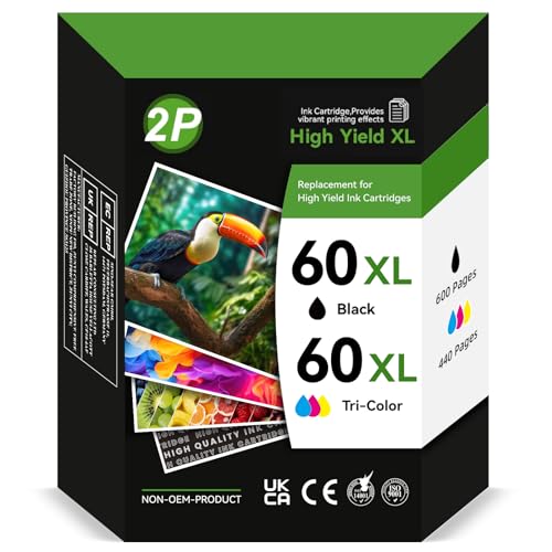 60XL Ink Cartridges for HP 60 Ink Cartridge Combo Pack Color and Black for HP 60 Black Ink Cartridge Used for HP C4680 C4780 C4795 F4480 D2530 F4280 D2680 C4600 D1620 120 110 114 Printer (2 Pack)