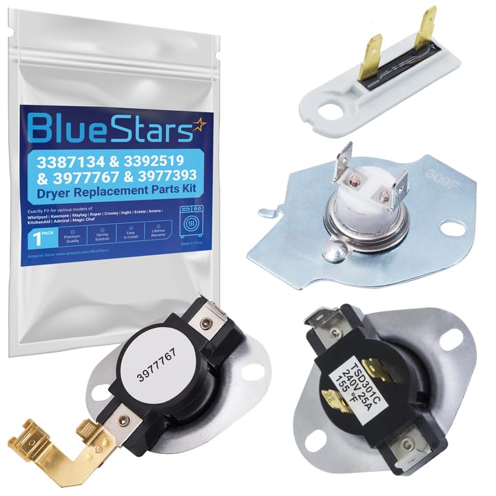 BlueStars [LIFETIME WARRANTY] 3387134 Cycling Thermostat 3392519 Dryer Thermal Fuse 3977393 Thermal Cut-off Switch 3977767 High-limit Thermostat Kit - Exact Fit for Whirlpool Kenmore Maytag Dryers