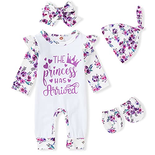 GRNSHTS Newborn Baby Girl Romper Infant Letter Print Bodysuit Jumpsuit+Hat+Headband+Gloves Coming Home Clothes Outfit 1-3 Months Floral