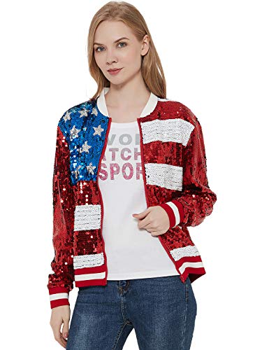 Anna-Kaci Womens Patriotic American USA Flag Sequin Front Zip Jacket with Ribbed Cuffs, USA Flag, X-Large