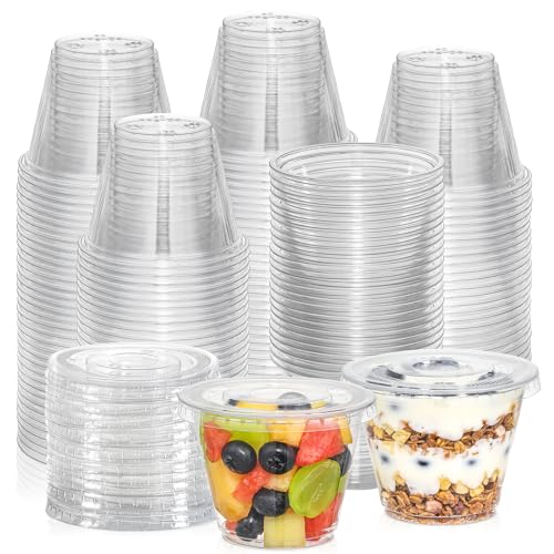 AOZITA [50 Sets, 9 oz] Clear Plastic Cups With Flat Lids No Hole, Disposable Cups With Lids for Ice Cream, Pudding, Cake, Snacks Smoothie, Milkshake, Cold Drinks