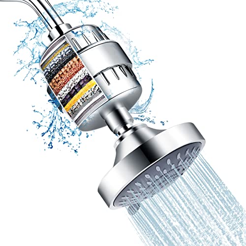 FEELSO Shower Head and 15 Stage Shower Filter Combo, High Pressure 5 Spray Settings Filtered Showerhead with Water Softener Filter Cartridge for Hard Water Remove Chlorine and Harmful Substances