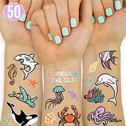 xo, Fetti Underwater Sea Creature Temporary Tattoos - 50 Glitter Styles | Ocean Animal Birthday Party Supplies, Shark, Dolphin, Crab, Fish, Arts and Crafts