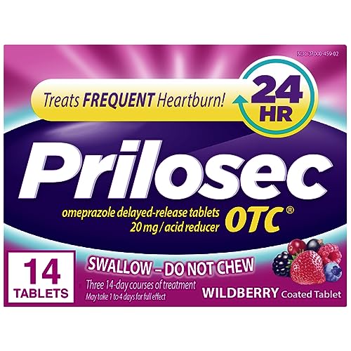 Prilosec OTC, Omeprazole Delayed Release 20mg, Acid Reducer, Treats Frequent Heartburn for 24 Hour Relief, All Day, All Night*, Wildberry Flavor, 20mg, 14 Tablets