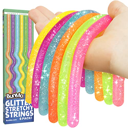 BUNMO Glitter Stretchy Strings 6pk | Perfect Sensory Toys for Anxiety & Stress | Calming Monkey Stretch Noodles | Focus & Stimulation | Great Kids Party Favors | Hours of Fun for Kids