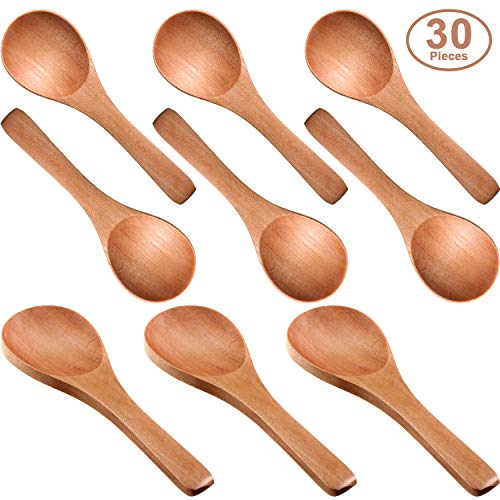 30 Pieces Small Wooden Spoons Mini Nature Wooden Spoons for Jars Mini Tasting Spoons Condiments Salt Spoons for Kitchen Cooking Seasoning Oil Coffee Tea Sugar (Light Brown)
