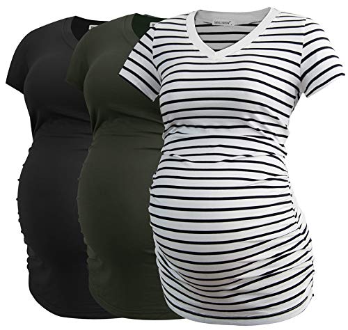 Smallshow Women's V Neck Maternity Shirt Side Ruched Tunic Pregnancy Short Sleeve Top Clothes 3-Pack Army Green/Black/White Stripe Medium